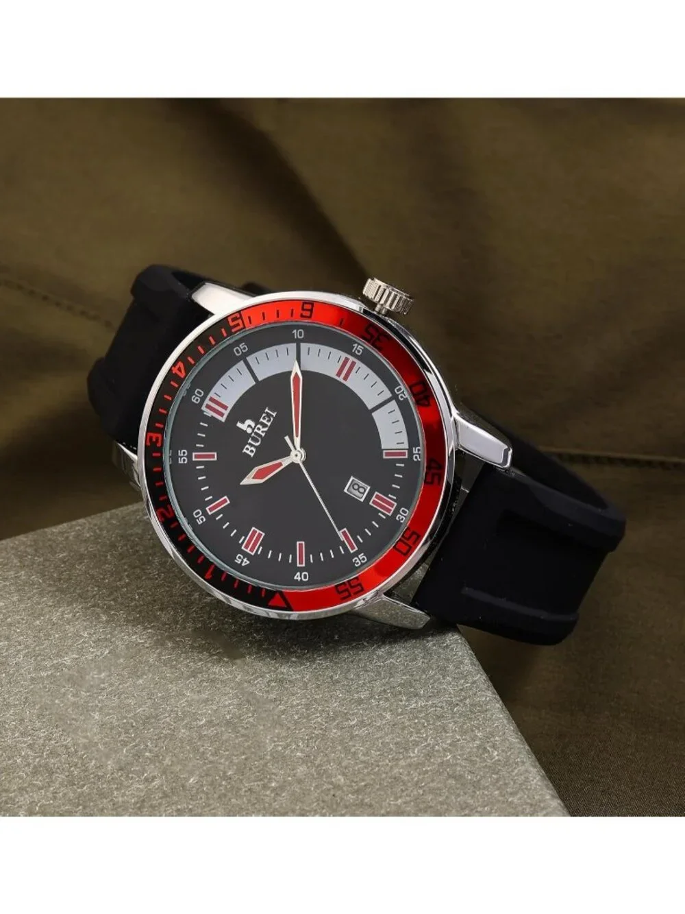 Men's Black Red Analog Quartz Silicone Waterproof Geometric Design Classic Watch